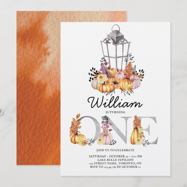 Invitation Aquarelle lanterne Automne Premier anniversaire (Devant / Derrière)