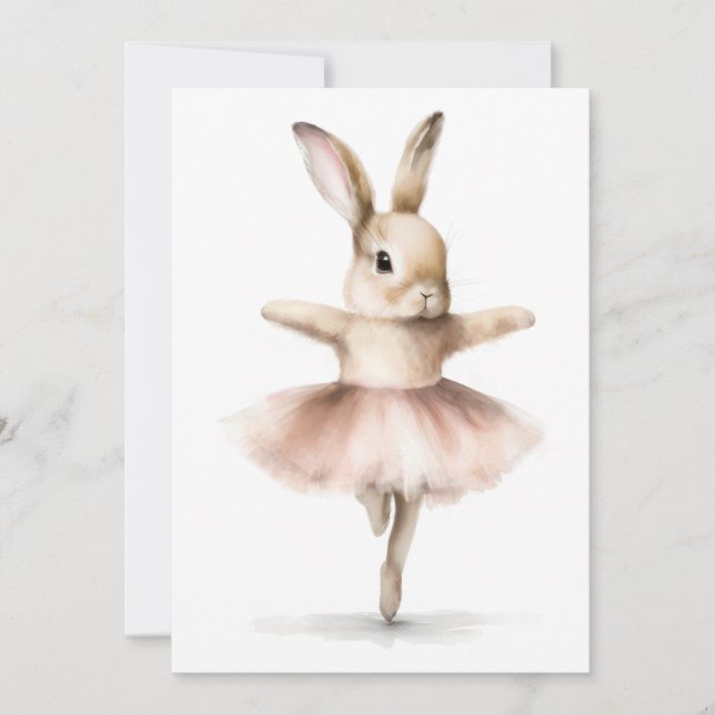 Invitation Aquarelle Lapin Ballerine Danse Brun Rose Pale (Devant)