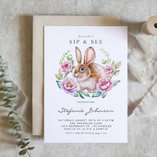 Invitation Aquarelle lapin et Fleurs roses Sip et voir