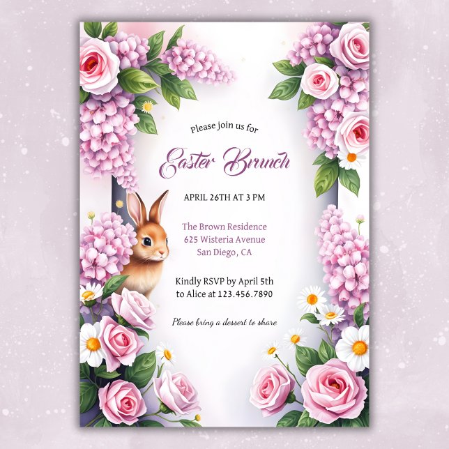 Invitation Aquarelle Lapin Floral Brunch de Pâques (Elegant Floral Easter Brunch Invitation with Bunny)