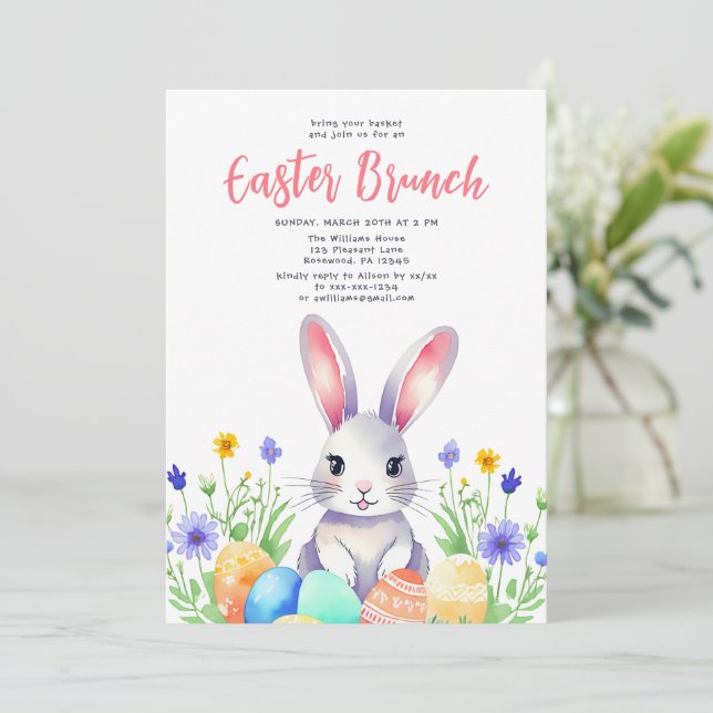 Invitation Aquarelle Lapin Floral Lapin Pâques Brunch (Debout devant)