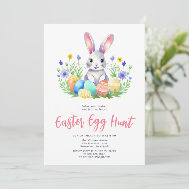 Invitation Aquarelle Lapin Lapin Chasse aux oeufs de Pâques (Debout devant)