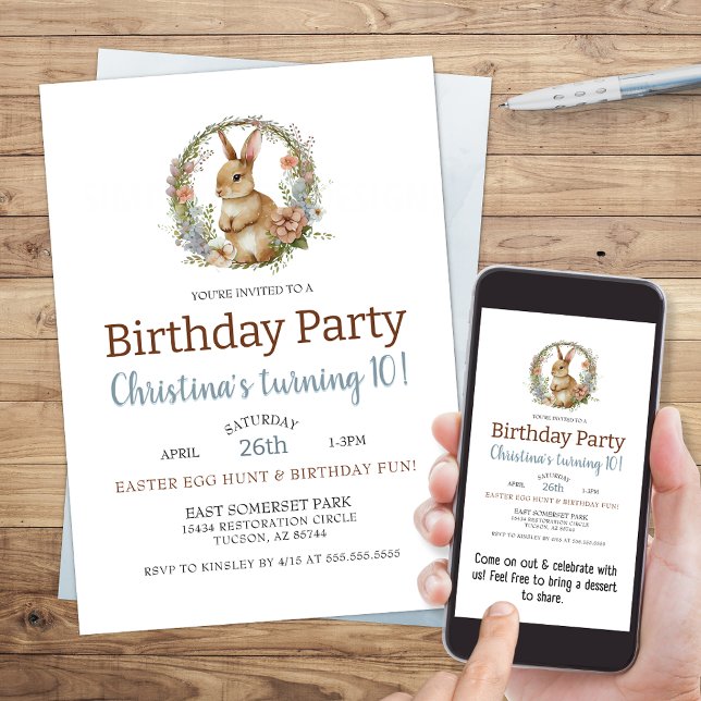 Invitation Aquarelle lapin mignonne Pâques Anniversaire (cute easter theme birthday party invitation with bunny rabbit and floral wreath for girl or boy)