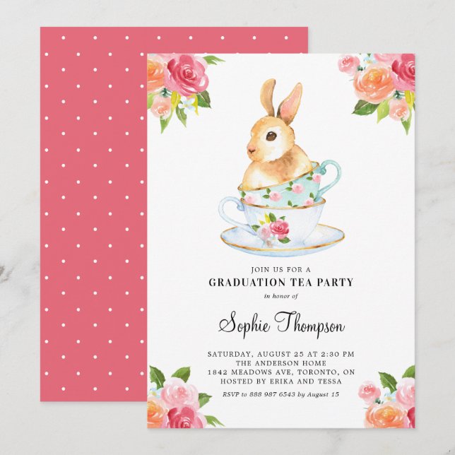 Invitation Aquarelle lapin sur Teacups Graduation Florale (Devant / Derrière)
