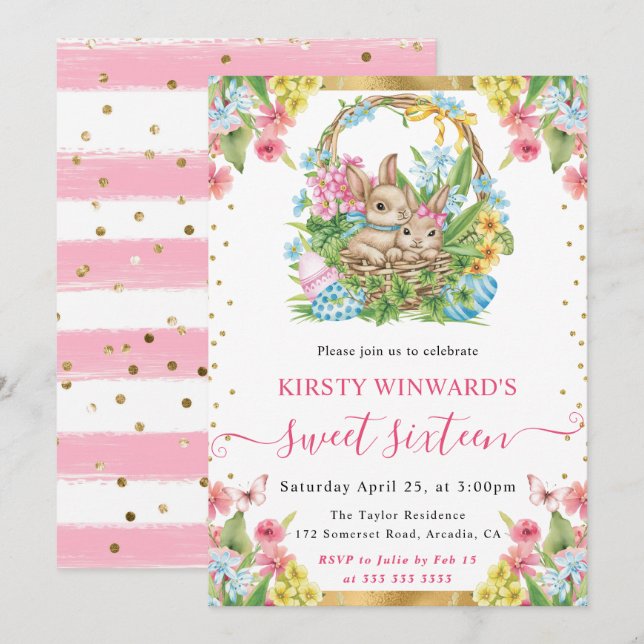 Invitation Aquarelle Lapins de Pâques printemps doux 16 (Devant / Derrière)