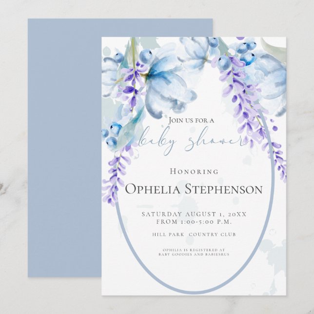 Invitation Aquarelle Lavande - Baby shower Floral bleu-Dusty (Devant / Derrière)