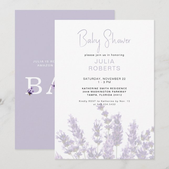 Invitation Aquarelle Lavande Baby shower Floral II (Devant / Derrière)