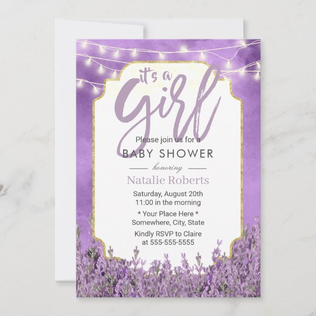Invitation Aquarelle Lavande Chaîne Lights Baby shower fille (Devant)