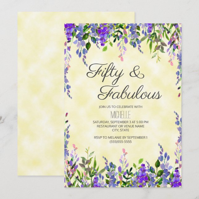 Invitation Aquarelle Lavande Jaune 50 & Fabuleux anniversaire (Devant / Derrière)