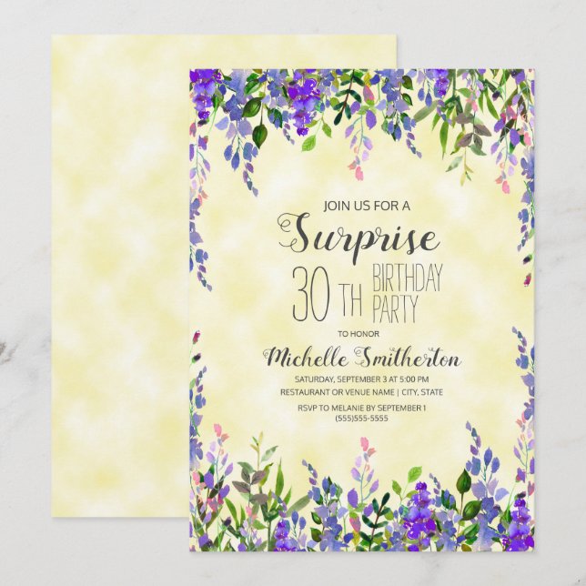 Invitation Aquarelle Lavande Jaune Surprise 30e anniversaire (Devant / Derrière)