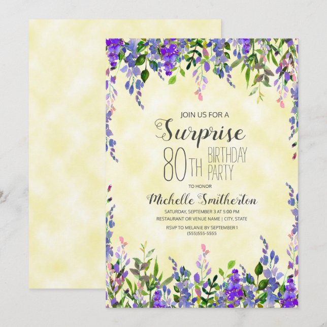 Invitation Aquarelle Lavande Jaune Surprise 80e anniversaire (Devant / Derrière)