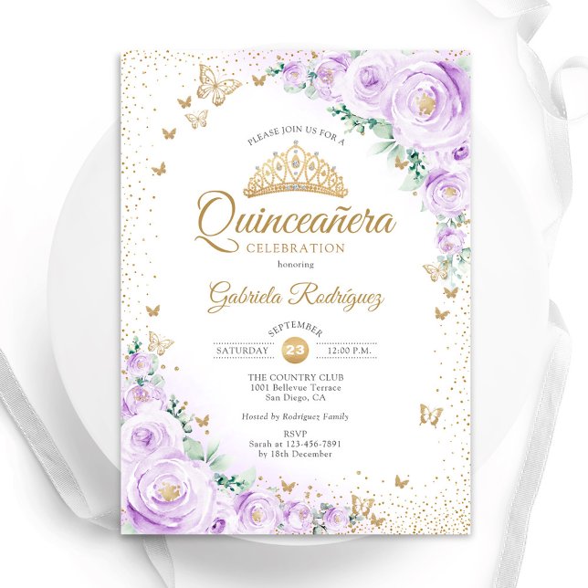Invitation Aquarelle Lavande violet Floral Quinceanera (Créateur téléchargé)