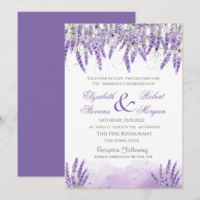 Invitation Aquarelle Lavander Fleurs Chaîne Lights Mariage (Devant / Derrière)