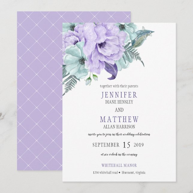 Invitation Aquarelle Lavender Mint Purple Peony Mariage (Devant / Derrière)