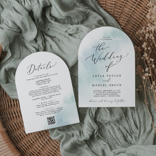Invitation Aquarelle Laver Bleu Tout en un Mariage d'arche QR (Watercolor Wash Blue All In One QR Arch Wedding Invitation)