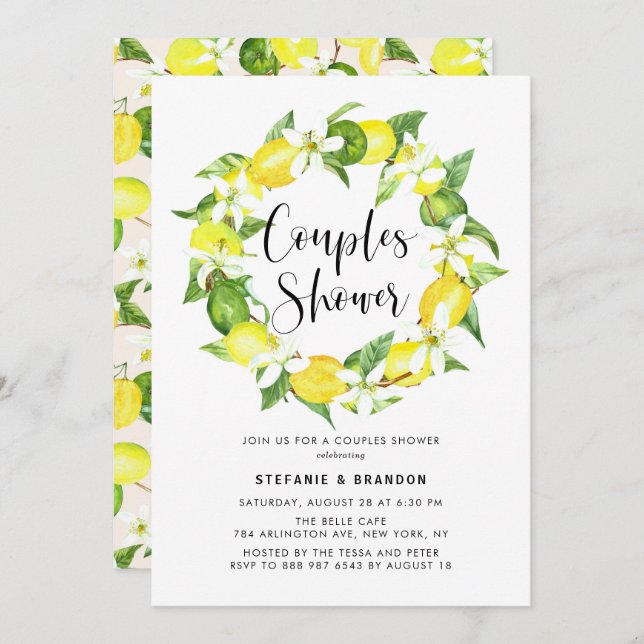 Invitation Aquarelle Lemon Blossom Wreath Couples Douche (Devant / Derrière)