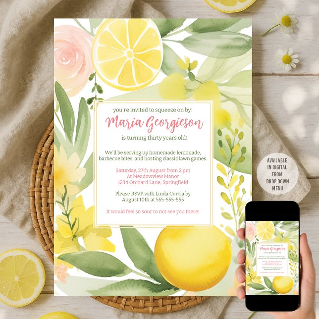 Invitation Aquarelle Lemon Floral à thème Anniversaire (Créateur téléchargé)