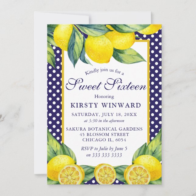 Invitation Aquarelle Lemon Floral Blue Polka Dot Sweet 16 (Devant)