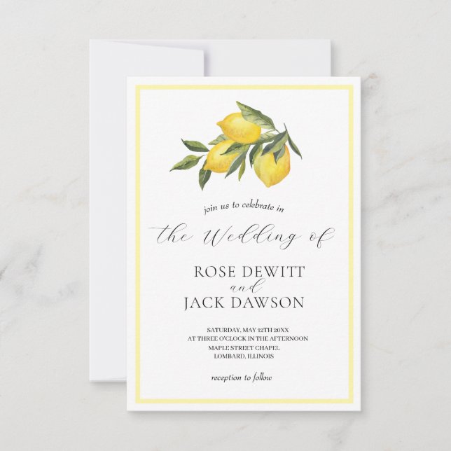 Invitation Aquarelle Lemon Garden Mariage blanc (Devant)