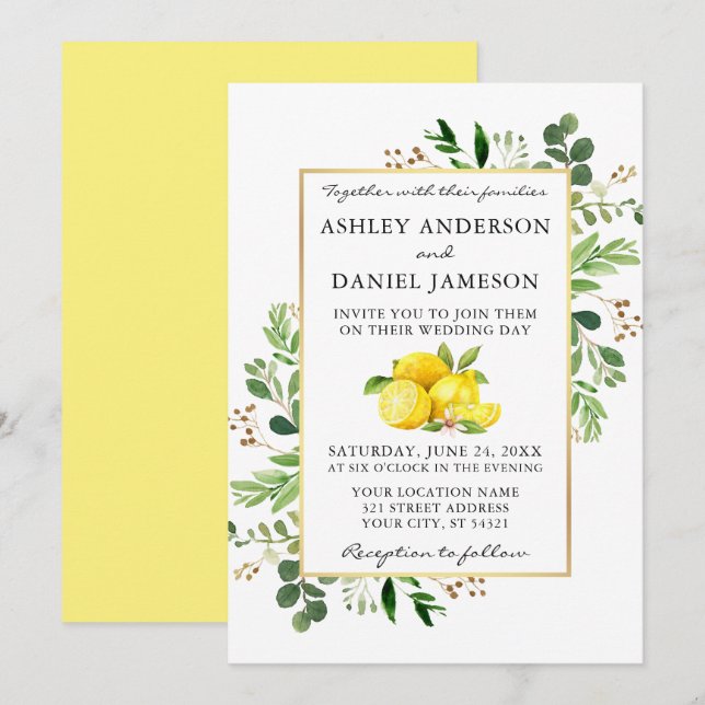 Invitation Aquarelle Lemons Botanique Verdure Mariage (Devant / Derrière)