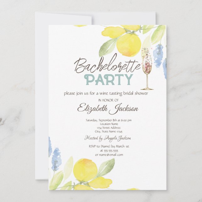 Invitation Aquarelle Lemons Champagne Verre Bachelorette (Devant)