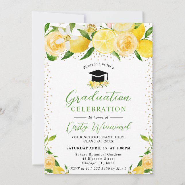 Invitation Aquarelle Lemons et Fleurs Graduation (Devant)