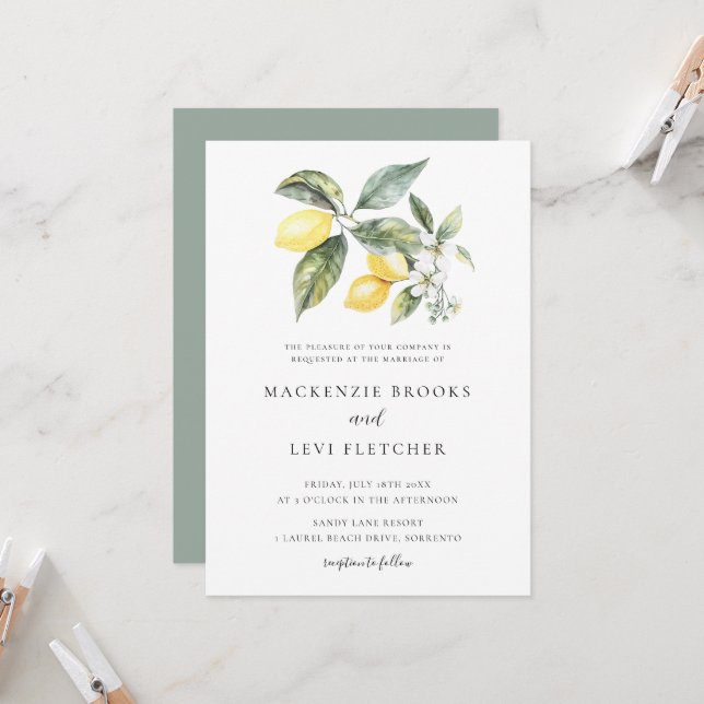 Invitation Aquarelle Lemons Folio Mariage méditerranéen (Devant/Arrière en situation)