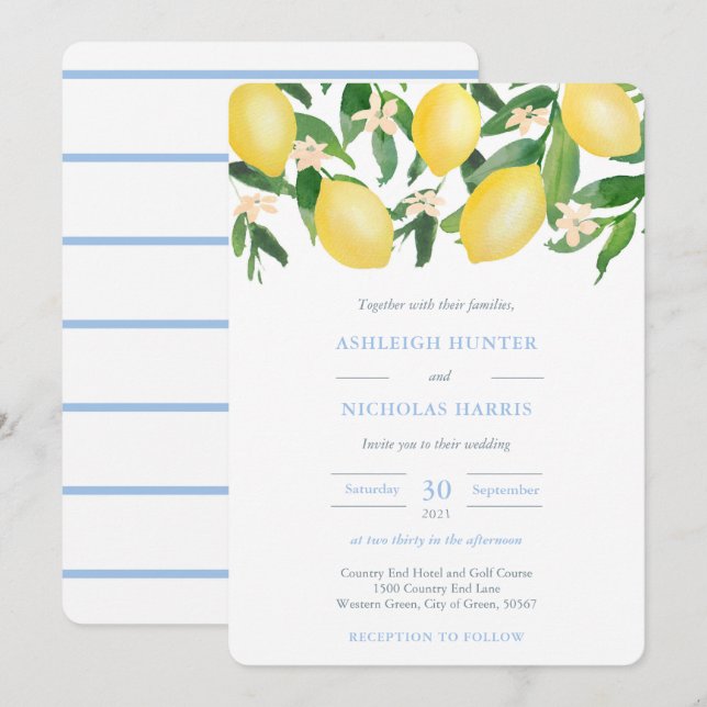 Invitation Aquarelle Lemons Poudre Blue Accents Mariage (Devant / Derrière)