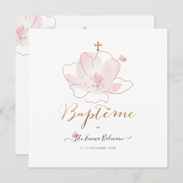 Invitation Aquarelle Les Fluers Faire partie de Baptême (Devant / Derrière)