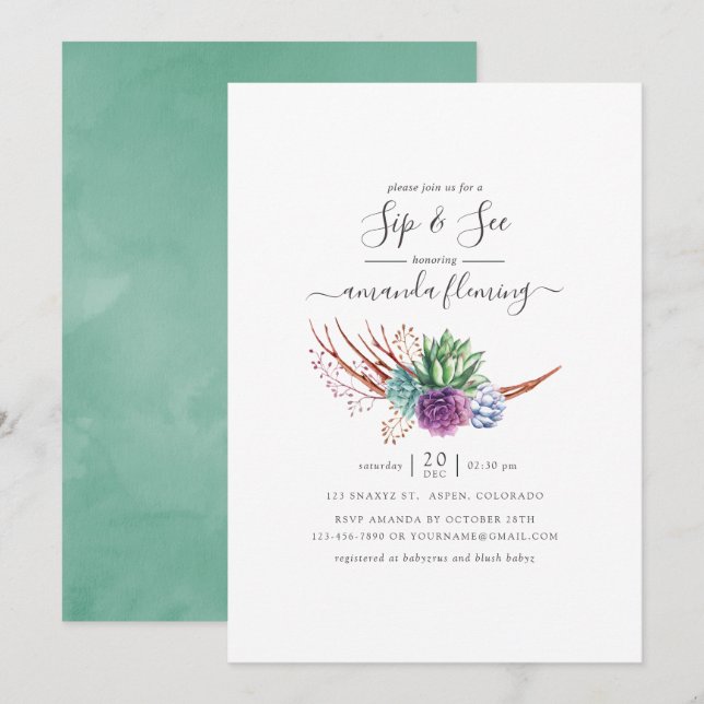 Invitation Aquarelle Les succulents du désert Sip and See (Devant / Derrière)