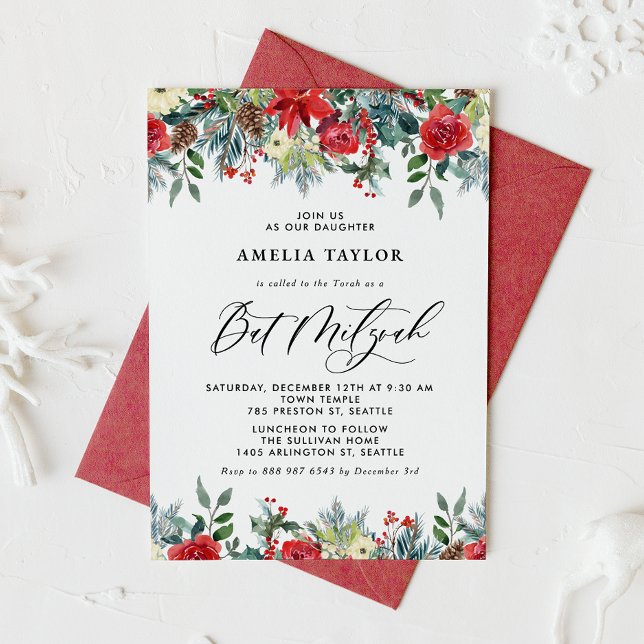 Invitation Aquarelle L'hiver fleurit Floral Bat mitzvah (Créateur téléchargé)