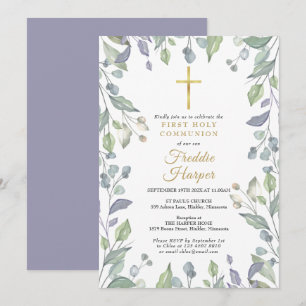 Invitation Aquarelle Lilac Floral Première Communion Sainte