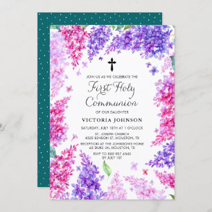 Invitation Aquarelle Lilac Wreath Première communion sainte