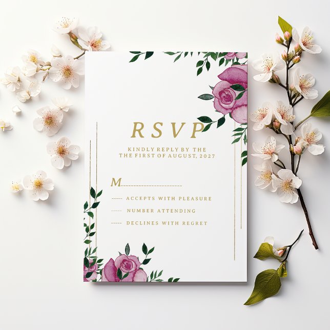 Invitation Aquarelle lilas vert or floral RSVP (Watercolor lilac green gold floral RSVP )