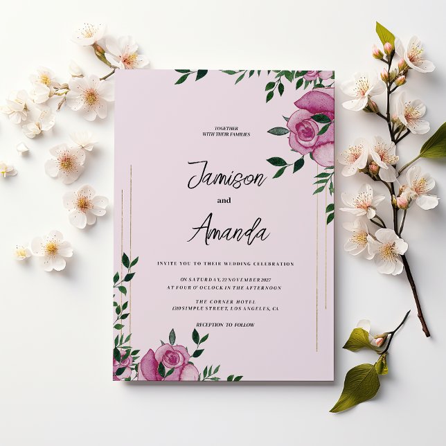 Invitation Aquarelle lilas vert or rose Mariage floral (Watercolor lilac green gold rose floral Wedding )