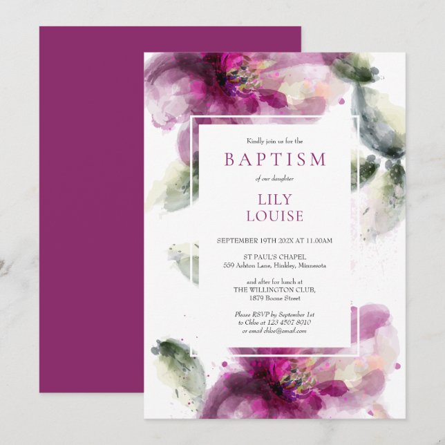 Invitation Aquarelle Lily rose Floral Baptême Christening (Devant / Derrière)