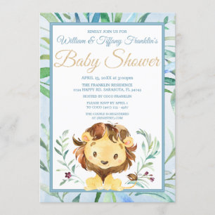 Invitation Aquarelle Lion Boy's Blue Baby shower