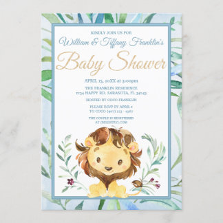 Invitation Aquarelle Lion Boy's Blue Baby shower