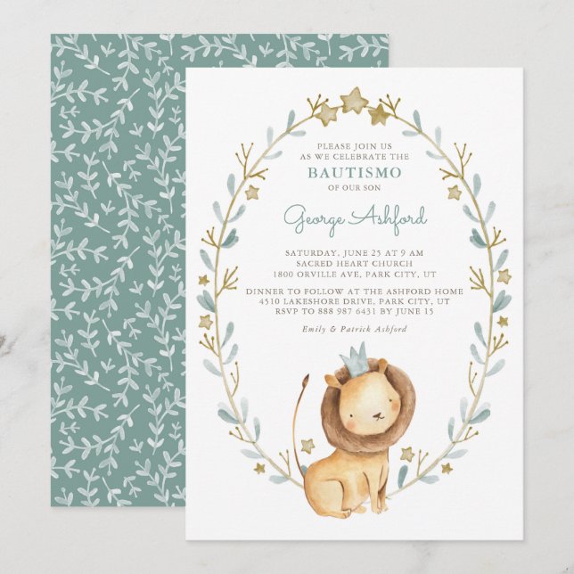 Invitation Aquarelle Lion Prince Baby Boy Bautismo (Devant / Derrière)