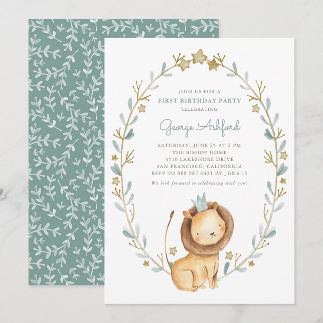 Invitation Aquarelle Lion Prince Première fête d'anniversaire (Devant / Derrière)