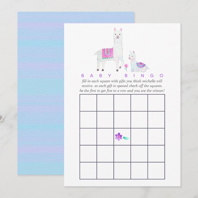 Invitation Aquarelle Llama thème Baby shower Bingo (Devant / Derrière)