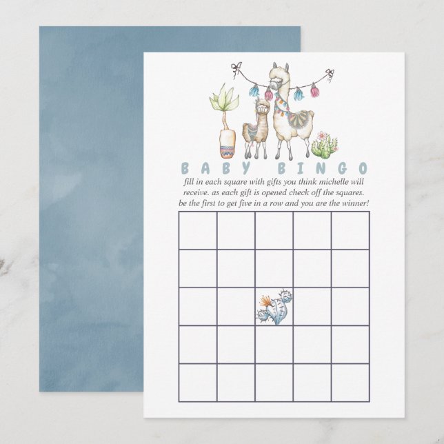 Invitation Aquarelle Llama thème Baby shower Bingo (Devant / Derrière)