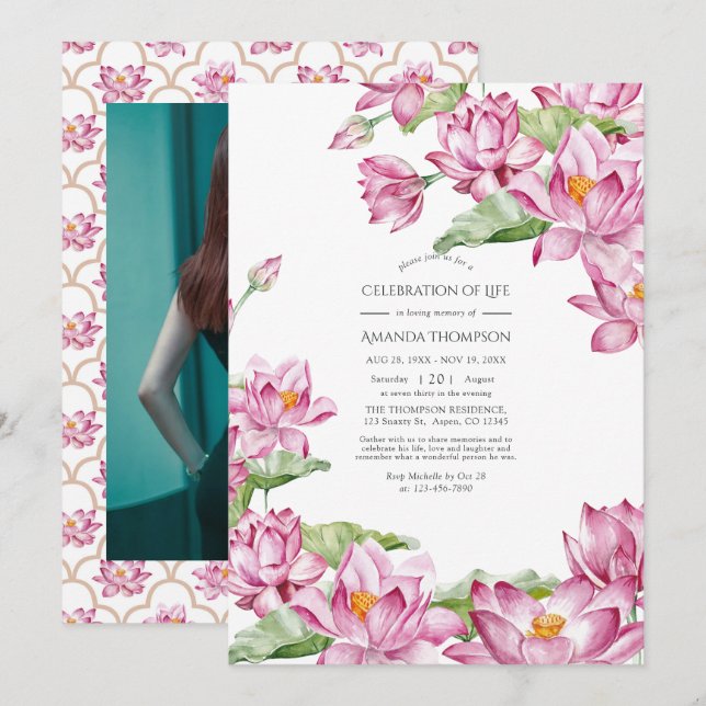 Invitation Aquarelle Lotus Flower Indian Célébration de la vi (Devant / Derrière)
