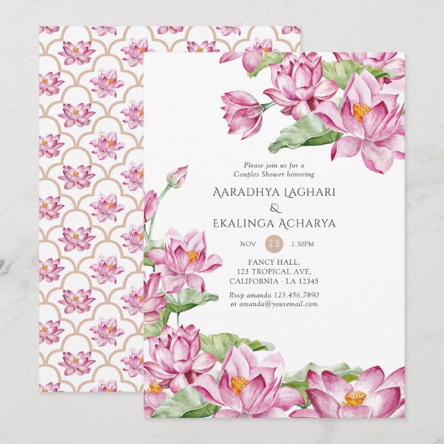 Invitation Aquarelle Lotus Flower Indian Couples Douche (Devant / Derrière)