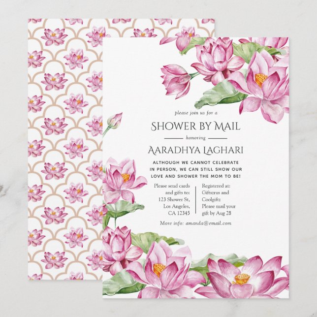 Invitation Aquarelle Lotus Flower Indian Douche par courrier (Devant / Derrière)