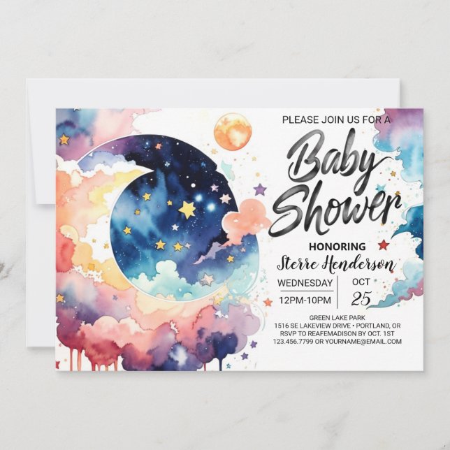 Invitation Aquarelle Lune et Baby shower étoiles (Devant)