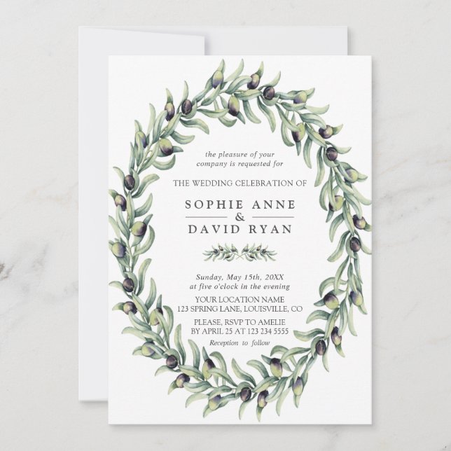 Invitation Aquarelle luxuriante Branches d'olive Mariage de c (Devant)