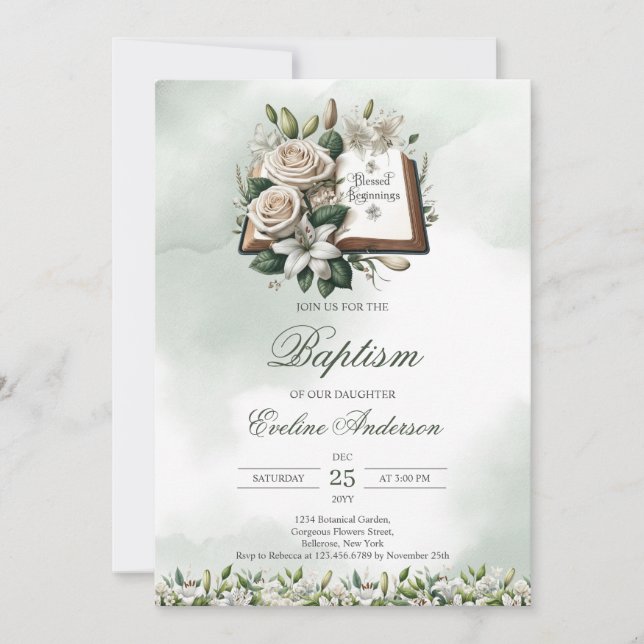 Invitation Aquarelle Lys blancs Holly Bible Baptême (Devant)