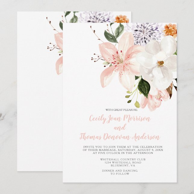Invitation Aquarelle Lys, Peonies, Magnolias (Devant / Derrière)