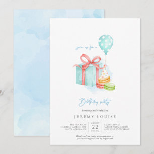 Invitation Aquarelle Macarons bébé garçon fête d'anniversaire
